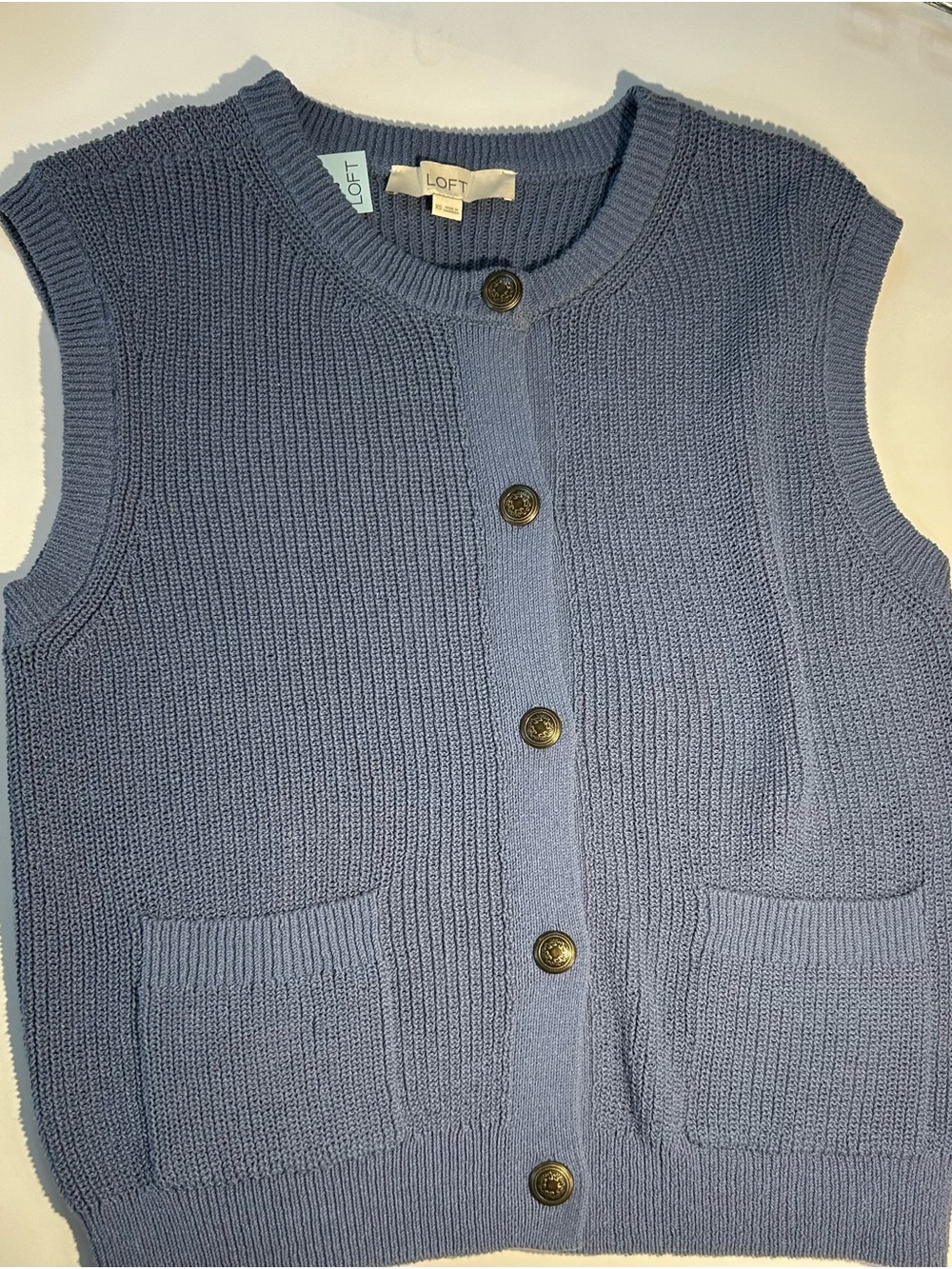 LOFT Dusty Blue Knit Button-Front Sweater Vest